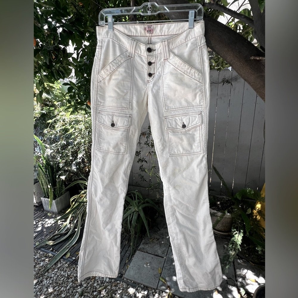 Joie off-white corduroy boot cut jeans with button fly & brown stitching detail